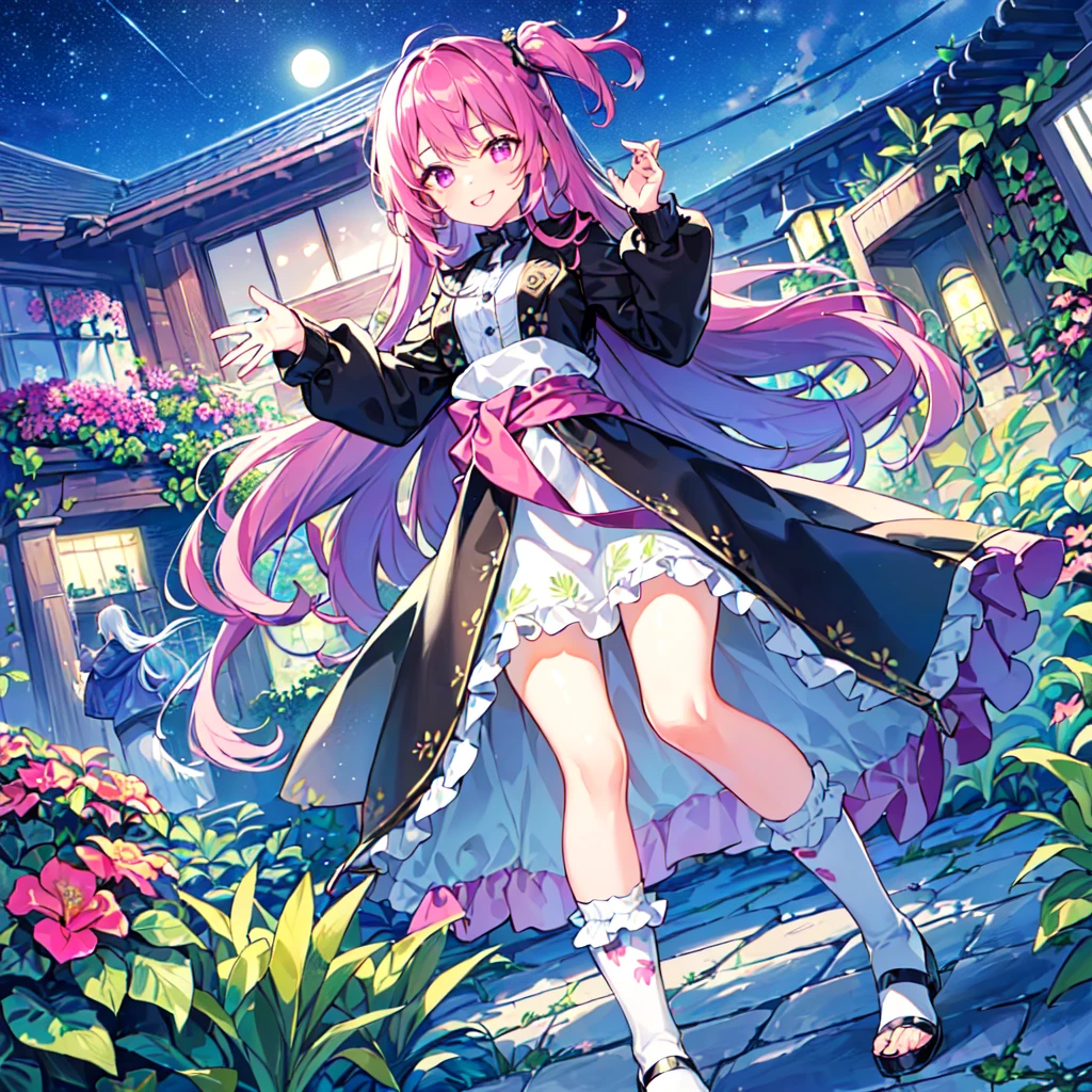 masterpiece, best quality, high quality, extremely detailed, very delicate and beautiful, (1 female 18 years old alone solo:1.2), (long black hair up to waist with two side up:1.4), bangs to eyebrows, eyes (eyes sharp, strong, glossy, glossy eyebrows), (eye color magenta:1.3), 6.5 head height, (houseplant print fashion:1.3), knee socks, (smiling), (standing), (dynamic pose), (botanical garden with lots of houseplants in background:1.5), (Night Sky:1.2)