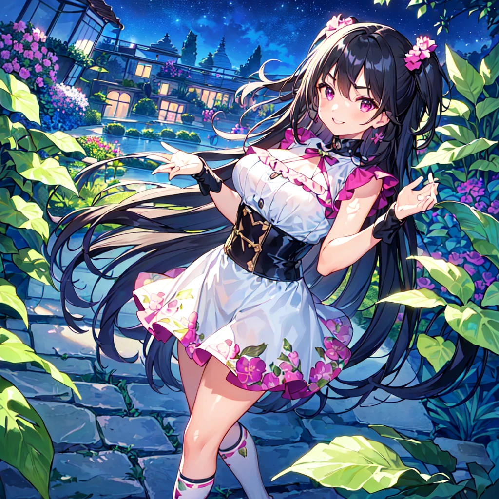 masterpiece, best quality, high quality, extremely detailed, very delicate and beautiful, (1 female 18 years old alone solo:1.2), (long black hair up to waist with two side up:1.4), bangs to eyebrows, eyes (eyes sharp, strong, glossy, glossy eyebrows), (eye color magenta:1.3), 6.5 head height, (houseplant print fashion:1.3), knee socks, (smiling), (standing), (dynamic pose), (botanical garden with lots of houseplants in background:1.5), (Night Sky:1.2)