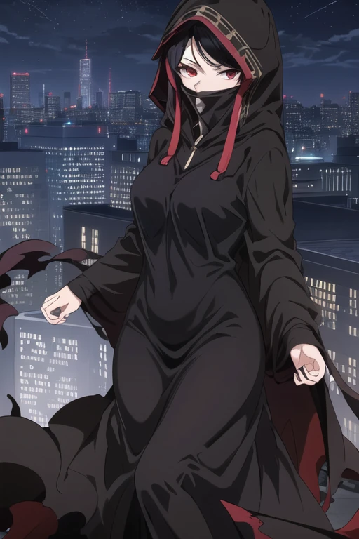 NNAssassinFSF, 1girl, solo, median breasts, black hair, red eyes, long sleeves, dress, hood, long skirt, black dress, cape, black cloak, hood up, black robe, covered mouth, hooded cloak, ((masterpiece,best quality)) city, night