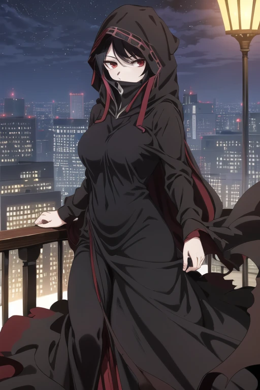 NNAssassinFSF, 1girl, solo, median breasts, black hair, red eyes, long sleeves, dress, hood, long skirt, black dress, cape, black cloak, hood up, black robe, covered mouth, hooded cloak, ((masterpiece,best quality)) city, night