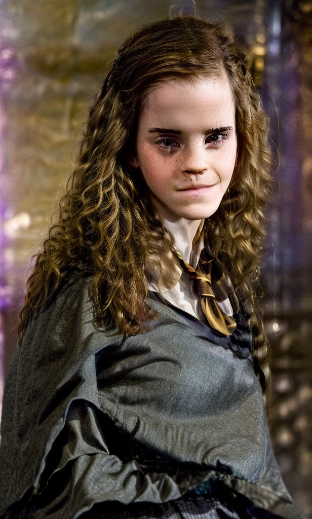 Emma Watson, Hermione Granger in Hogwarts, flyting with a witch bloom, student uniform, plissed grey skirt, upskirt, focus on eyes, expressive eyes, neckline, looking to the viewer