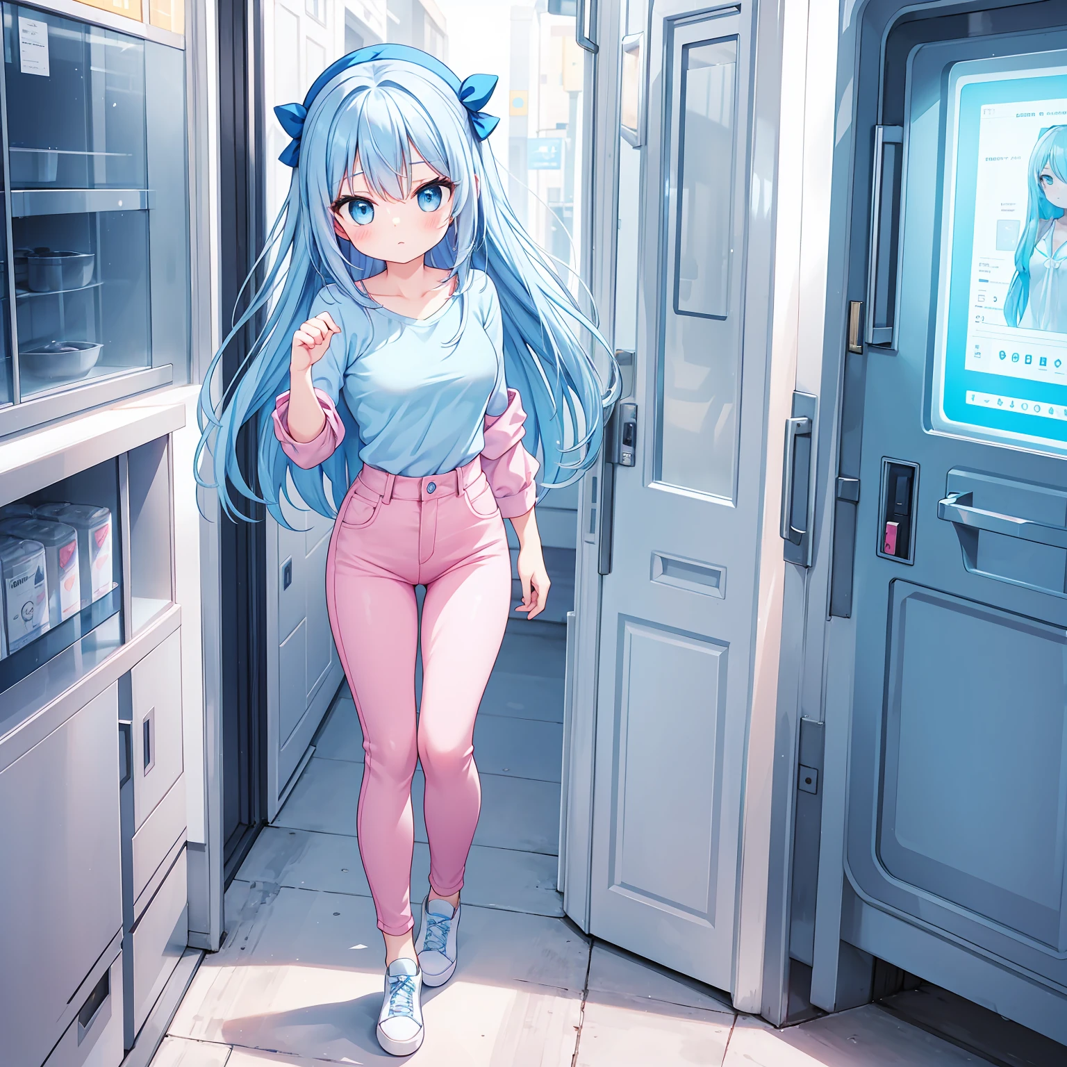 A woman, small breasts, cute face, blue hair and blue eyes, full body, thin waist, pink-light blue pants, wearing a pink and light blue shirt, blue shoes, perfect thighs