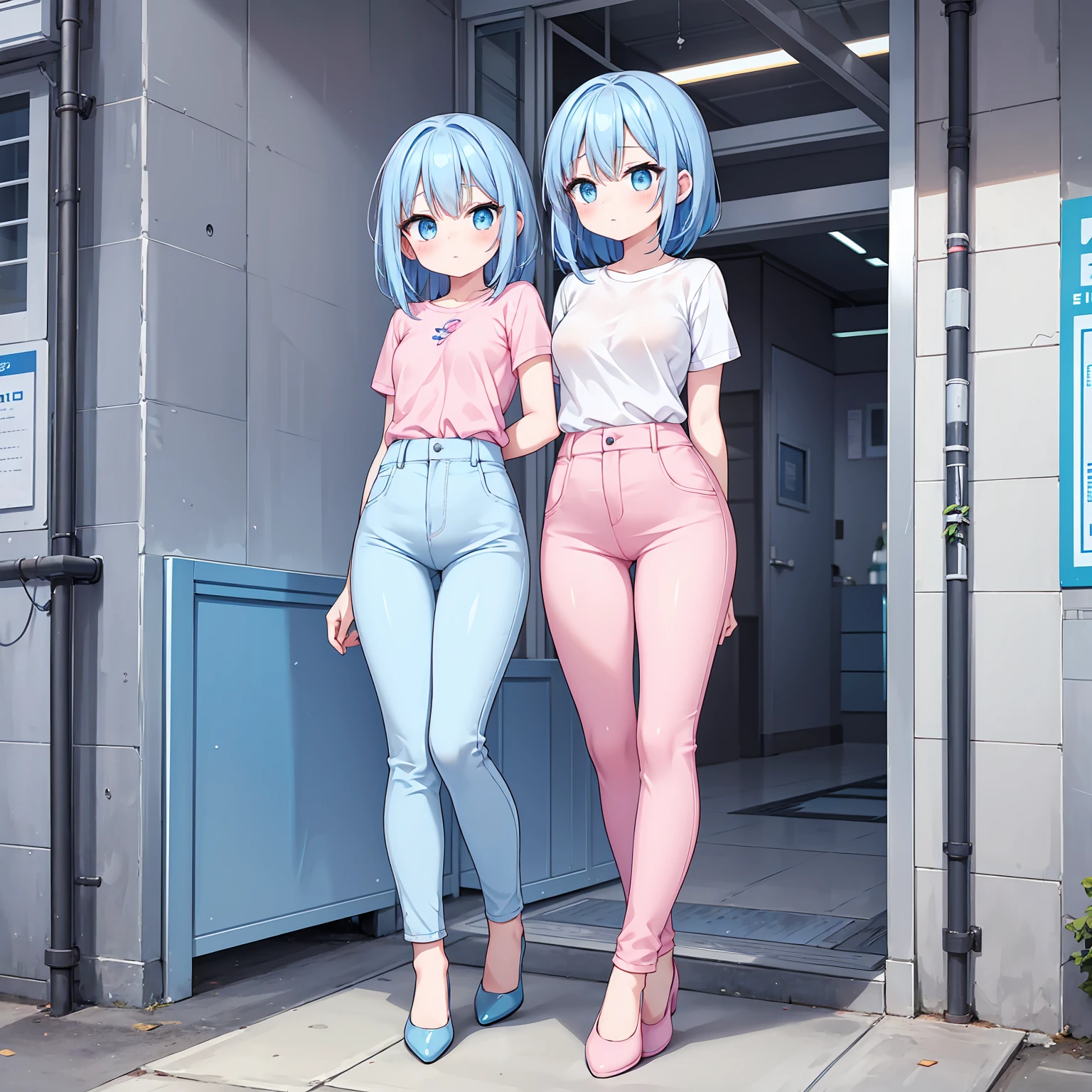 A woman, small breasts, cute face, blue hair and blue eyes, full body, thin waist, pink-light blue pants, wearing a pink and light blue shirt, blue shoes, perfect thighs
