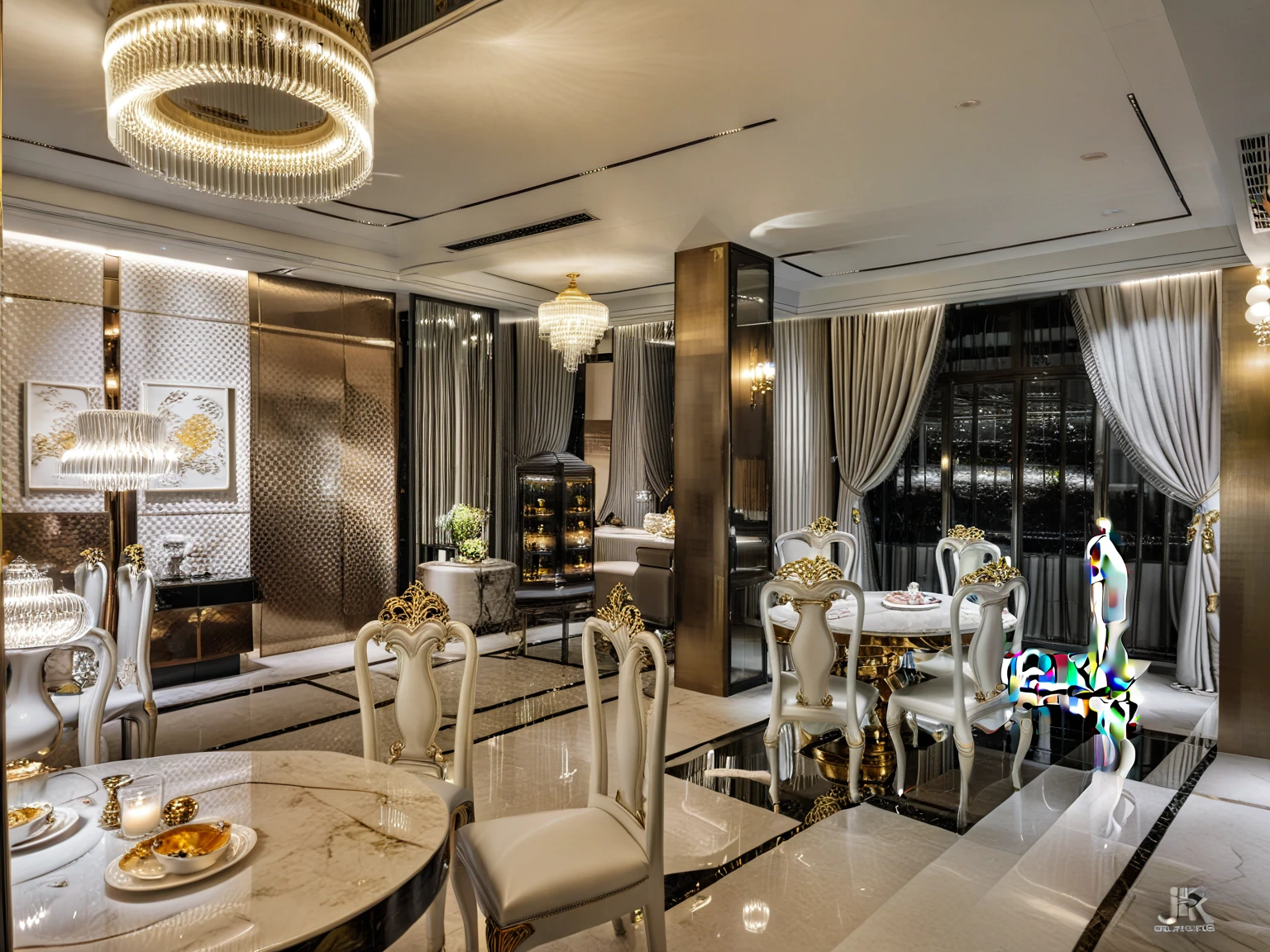 ,Masterpiece, Best quality,8K, Ultra-high resolution,When you step into the ( DINNING room  AND restaurant : 1.1)  ,Immediately surrounded by a rich atmosphere of luxury. The space  was covered with a soft white fluffy blanket,It is so comfortable,So much so that you can't help but indulge in it。Embellished with precious porcelain and white-off gold ornaments。Whenever it is late afternoon,The afterglow from the window spilled on the floor,Soft light and shadow are reflected,It was as if entering a dreamland. ((Wooden chair and table : 1.3)), ((COLUMN MIRROR : 1.3))