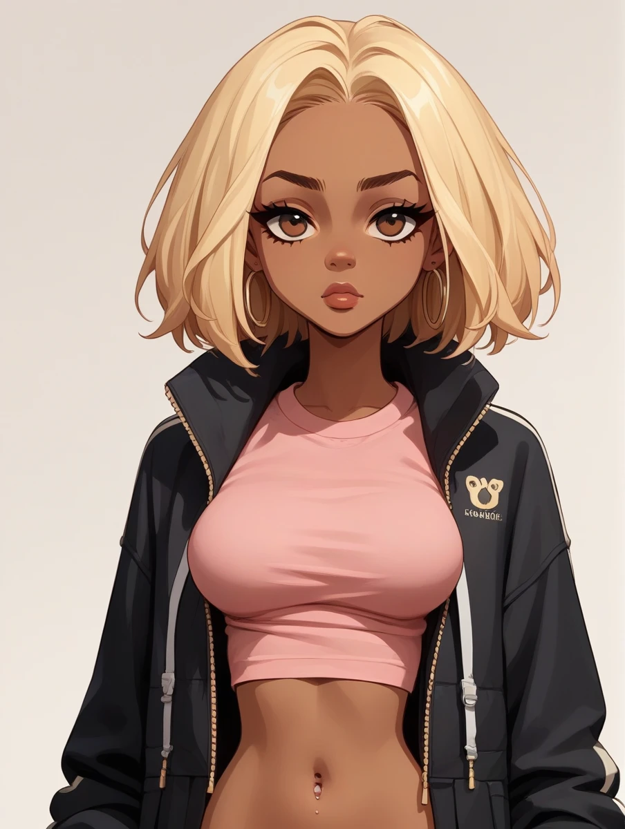 score_9,score_8_up,score_7_up,score_6_up,score_5_up,score_4_up, source_cartoon, source_anime,
1girl, solo, dark skinned girl, 24 year old girl, breasts, pink shirt, black jacket, brown eyes, blonde hair, stylish,
b00nd0cks, open belly