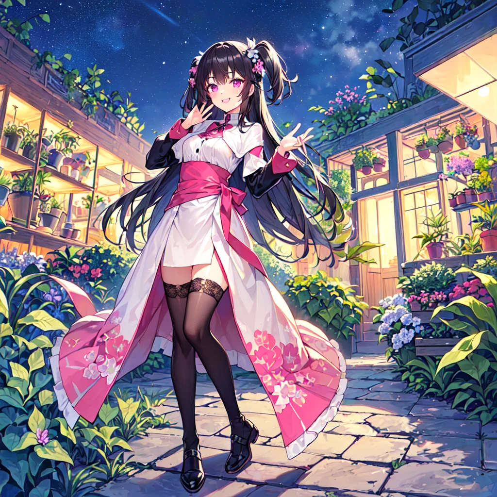 masterpiece, best quality, high quality, extremely detailed, very delicate and beautiful, (1 female 18 years old alone solo:1.2), (long black hair up to waist with two side up:1.4), bangs to eyebrows, eyes (eyes sharp, strong, glossy, glossy eyebrows), (eye color magenta:1.3), 6.5 head height, (houseplant print fashion:1.3), knee socks, (smiling), (standing), (dynamic pose), (botanical garden with lots of houseplants in background:1.5), (Night Sky:1.2)