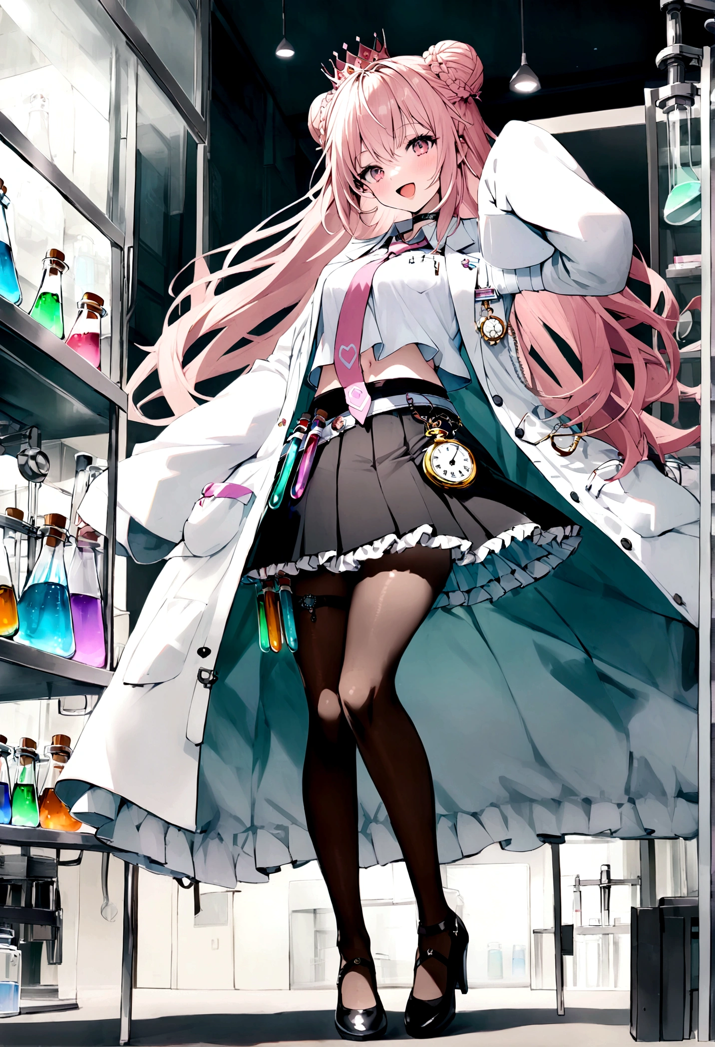 long hair, hair bun, double bun, braided bun, crown braid, hexagon, choker, black choker, necktie, pink necktie, shirt, white shirt, collared shirt, crop top, crop top overhang, fingernails, nail polish, pink nails, watch, pocket watch, midriff, navel, belt, skirt, miniskirt, black skirt, pleated skirt, frills, frilled skirt, test tube, pantyhose, black pantyhose, thigh strap, shoes, black footwear, high heels, coat, labcoat, white coat, open coat, open clothes, long sleeves, sleeves past wrists, pocket, smile, laboratory,:d