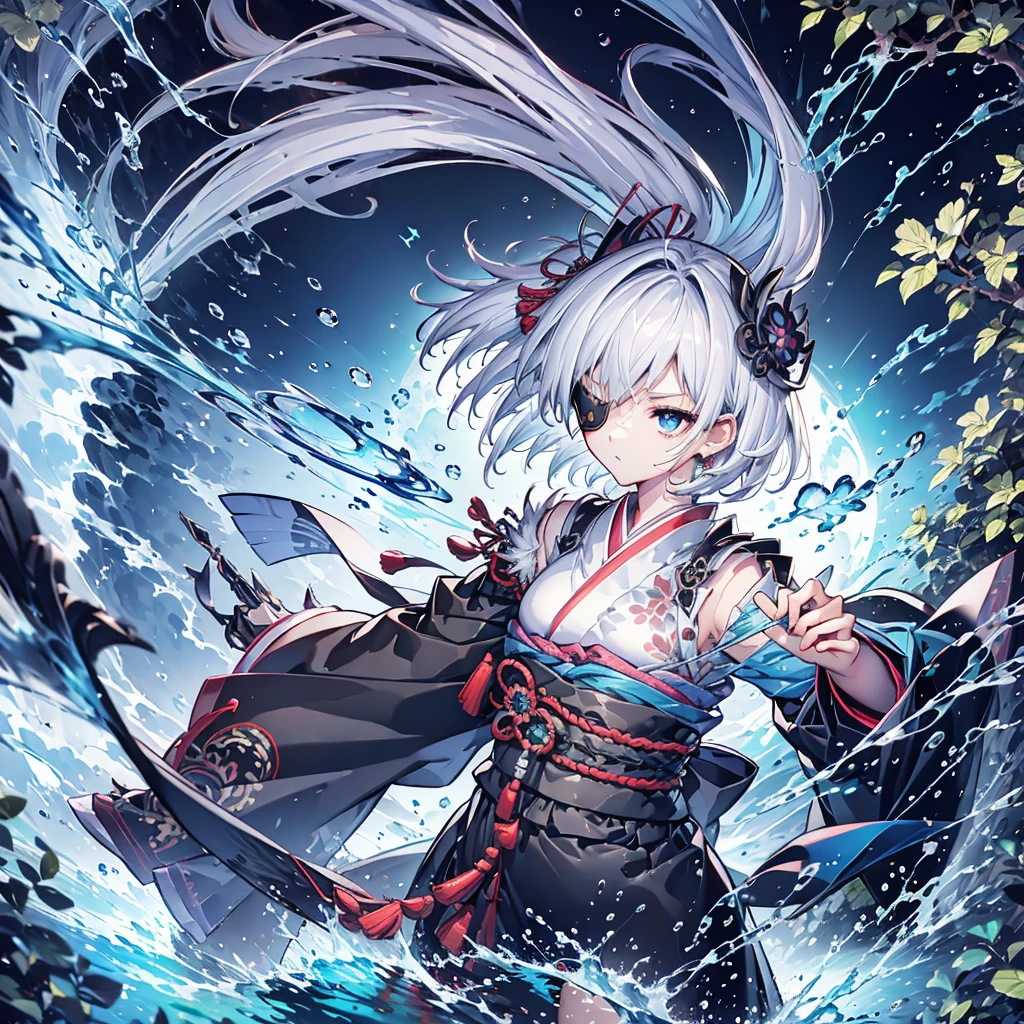 (((1 person Put on an eye patch Gray Hair Qinglong))) ((High resolution short hair Black kimono Shoulder Rin々Funny face knifeを胸の前で構える)) ((Black Band samurai Lonely despair blue目 Close-up)) ((blue蝶 night Japanese style old Shining Aura garden water surface Catch the wind blue)) (dance 日本knife knife Slashing) 月night moonlight star Draw your sword Shining Background Shining Edge