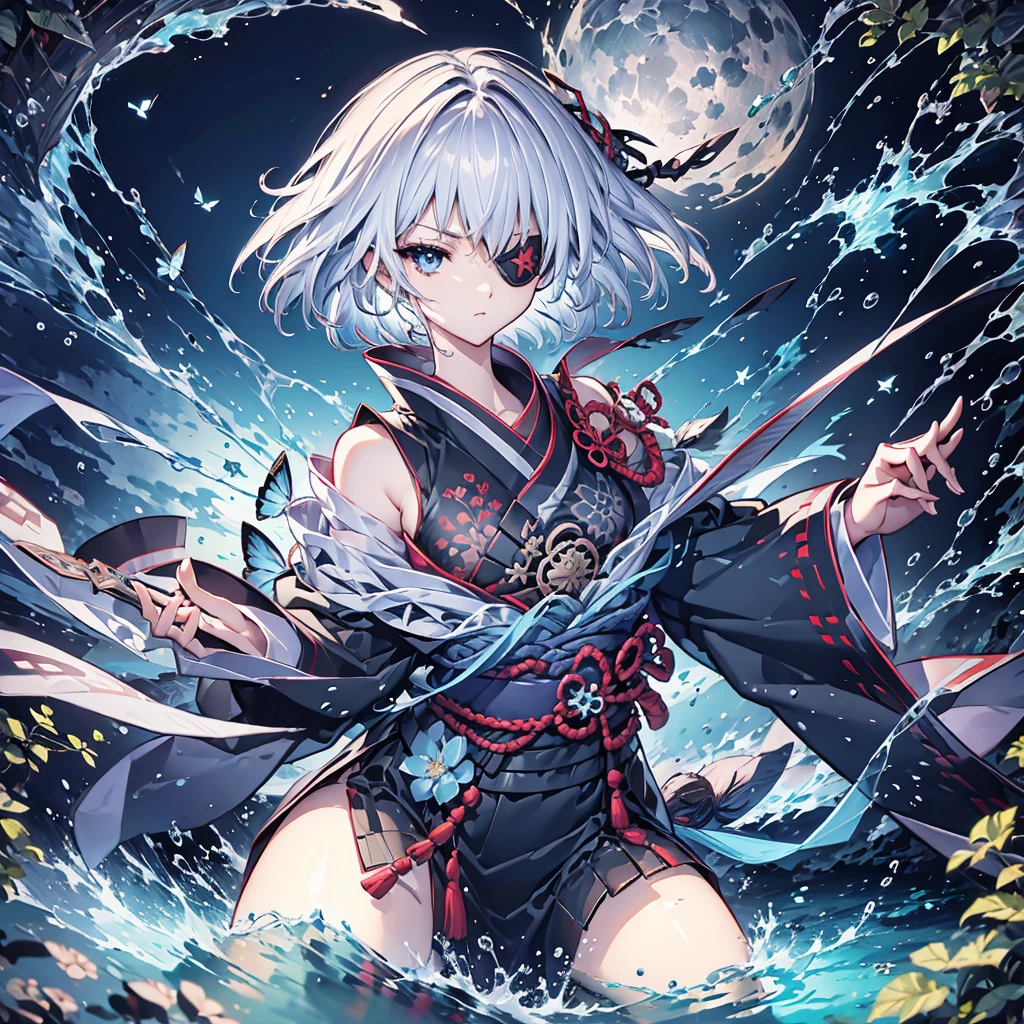 (((1 person Put on an eye patch Gray Hair Qinglong))) ((High resolution short hair Black kimono Shoulder Rin々Funny face knifeを胸の前で構える)) ((Black Band samurai Lonely despair blue目 Close-up)) ((blue蝶 night Japanese style old Shining Aura garden water surface Catch the wind blue)) (dance 日本knife knife Slashing) 月night moonlight star Draw your sword Shining Background Shining Edge