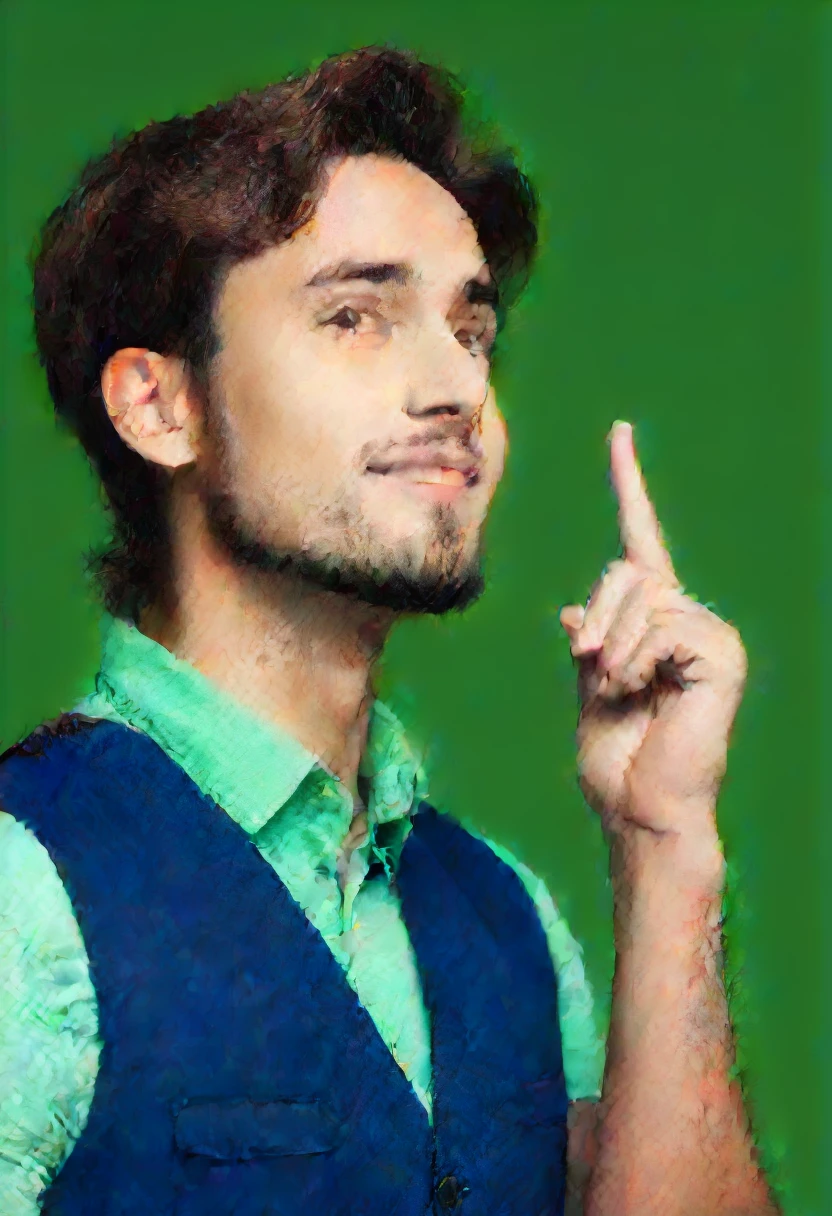 24-year-old man in a blue vest, red flannel, thinking, look at the camera, green background, green chroma, index finger on cheek, low smile, professional photo, medium shot, realistic photo, 8k