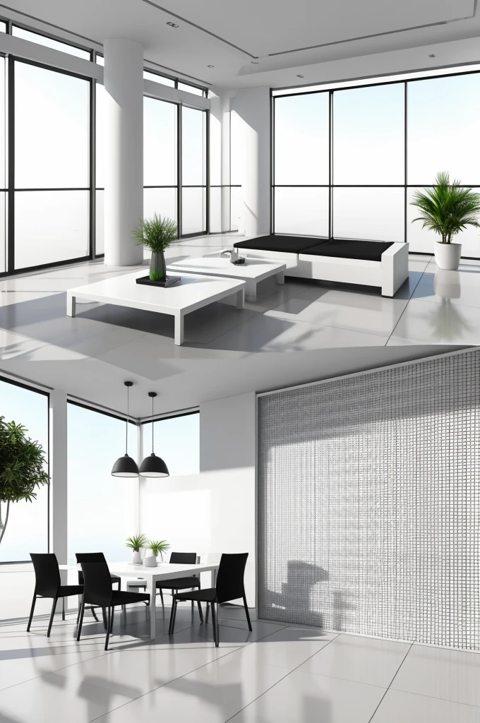 generate a diagram with white background of some tables for a relaxation area in black and white 2m high, 2m deep and 4m wide with measurements and on a 3d plane