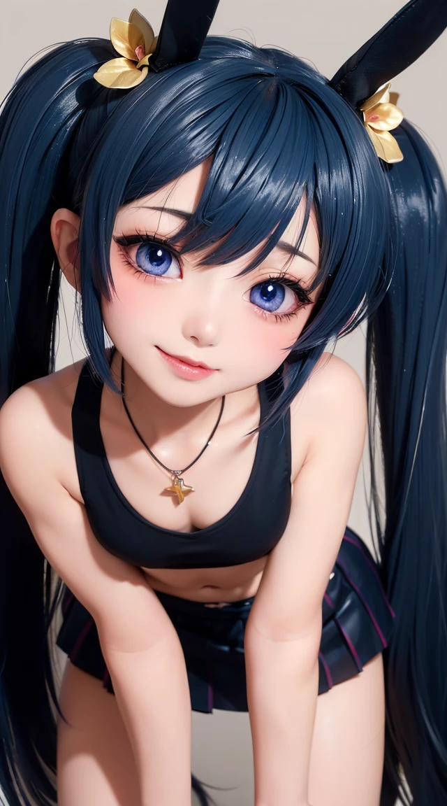 (masterpiece:1.3), (Best Quality:1.3), (Ultra-detailed:1.2), ((kawaii)), Cute, (lovely), ((sexy)), ((Extremely detailed)), 4K, (8K), Best Quality, (Beautiful), Illustration, anime style, (bold line:1.2), Gradation, looking at viewer, //, (bent down:1.1), (arms behind back), //, a cute girl, 1girl, (solo:1.2), gleaming skin, //, (flat chested), (Perfect eyes:1.2), (Perfect iris:1.2), //, darkblue hair color, (beautiful eyes) //, (half closed eyes:1.3), (sexual expression:1.2), Fascinated expression, smile, (blush:1.2), //, modern city background, on rock, twin tails, muscle girl, hard abs, exposed abs, NECKLACE, tight blouse, skirt