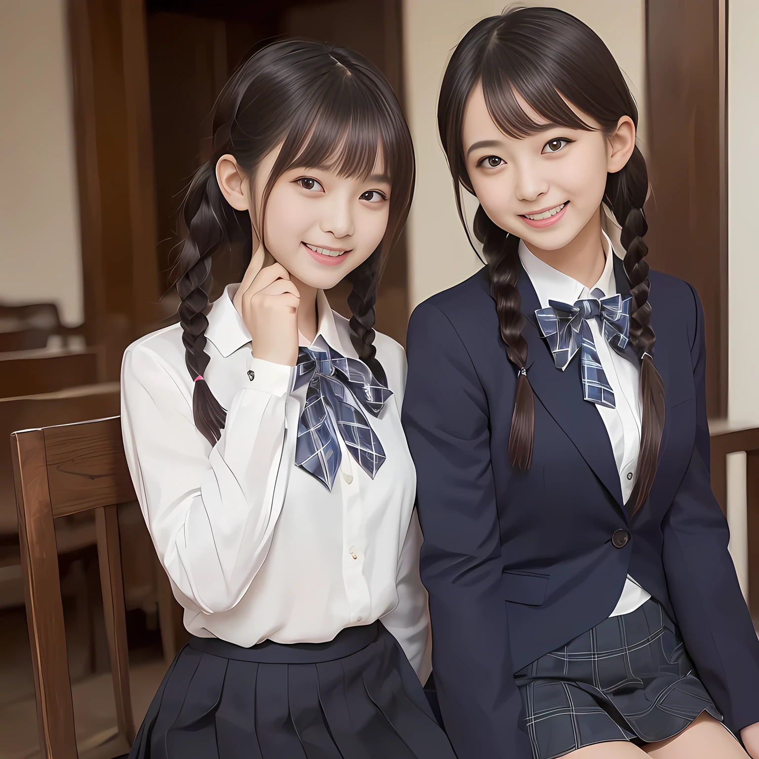 (highest quality, masterpiece:1.2), highest quality, High resolution, 1080P, 8K, Height: 158cm, ((Like a beautiful girl in my dreams、A very intelligent, very noble, pretty and pure beautiful girl.、With the best smile、Looking at the audience、Hands over their mouths, Realistic fashion model photos)), A face that everyone loves, ((((A plump, white, round face)))), Glossy lips, Even bangs, ((Very beautiful dark eyes)), The very large red shiny wide ribbon bowtie is very cute., ((Black Hair)), ((long twin braids)), (((A long, neat, dark navy blue checked pleated skirt))), (((Dark blue winter long sleeve blazer))), How to wear a neat uniform, Very lustrous, glossy lips, Open hand over open mouth, Ribbon in hair, slender, The ribbon is big and very pretty., Beautiful hair like a hair model, Long skirt, Watching the viewer and laughing, ((Incredibly beautiful face)), ((Pure and clear eyes))
