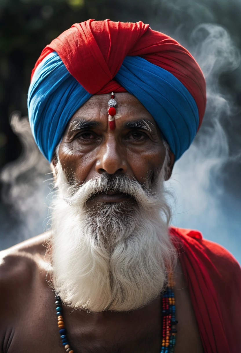 an Indian guru man, 80 year old, big white beard, full Colors turban on the head, striking light and shadow, diffuse light, blue and red, 4K, High definition, beams of light streaming through the fog, confident looking, black and white, tilted view from the front