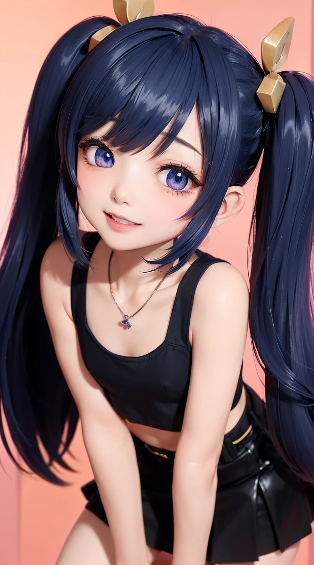 (masterpiece:1.3), (Best Quality:1.3), (Ultra-detailed:1.2), ((kawaii)), Cute, (lovely), ((sexy)), ((Extremely detailed)), 4K, (8K), Best Quality, (Beautiful), Illustration, anime style, (bold line:1.2), Gradation, looking at viewer, //, (bent down:1.1), (arms behind back), //, a cute girl, 1girl, (solo:1.2), gleaming skin, //, (flat chested), (Perfect eyes:1.2), (Perfect iris:1.2), //, darkblue hair color, (beautiful eyes) //, (half closed eyes:1.3), (sexual expression:1.2), Fascinated expression, smile, (blush:1.2), //, modern city background, on rock, twin tails, muscle girl, hard abs, exposed abs, NECKLACE, tight blouse, skirt