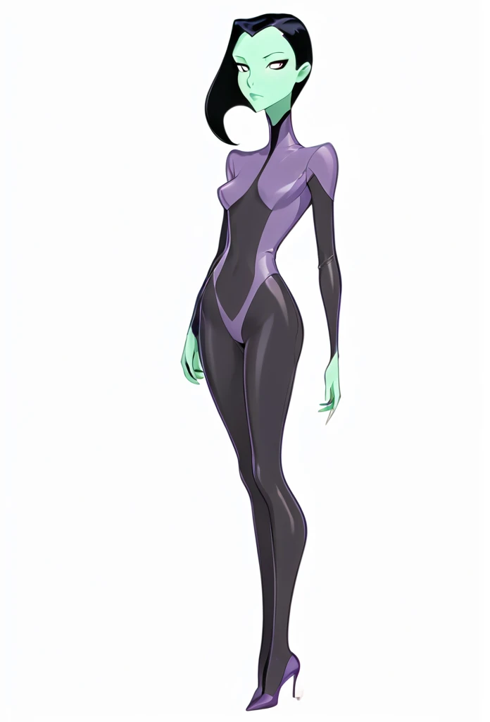 cartoon thin woman, long neck, long black hair, pale green skin, wearing a v-neck streamlined purple full body sci-fi body suit. Her suit has small nozles on the hips, shoulders and ribs.