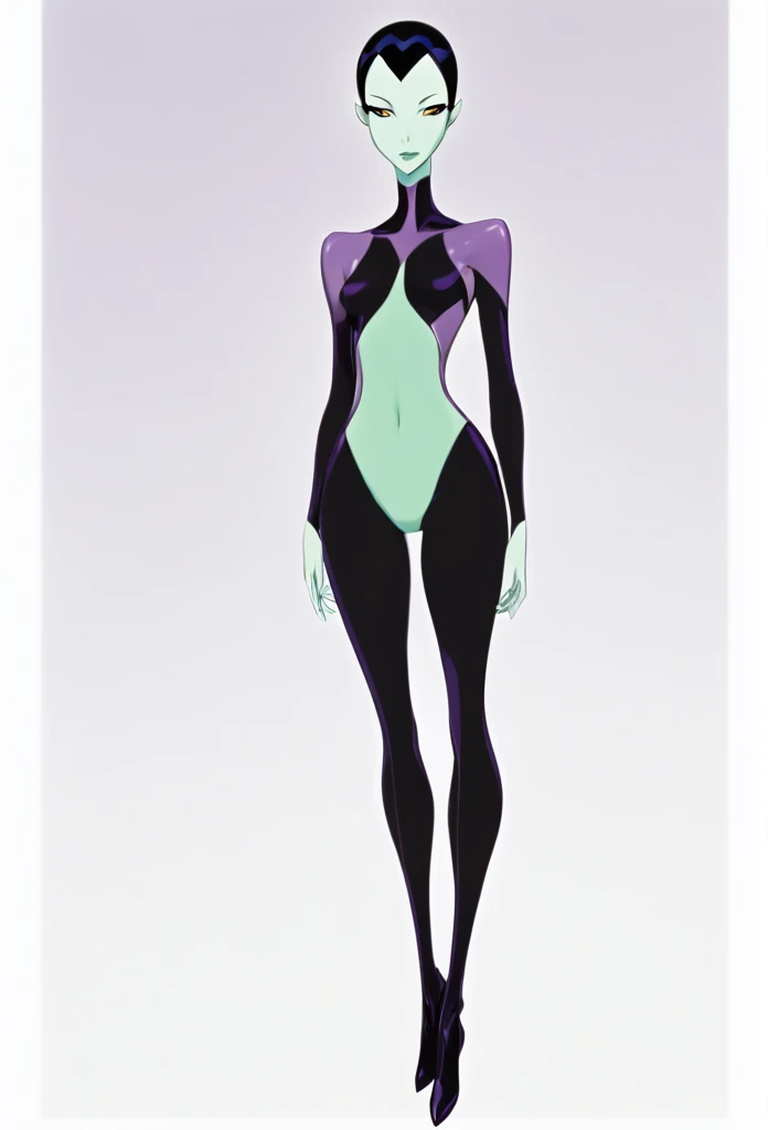 cartoon thin woman, long neck, long black hair, pale green skin, wearing a v-neck streamlined purple full body sci-fi body suit. Her suit has small nozles on the hips, shoulders and ribs.