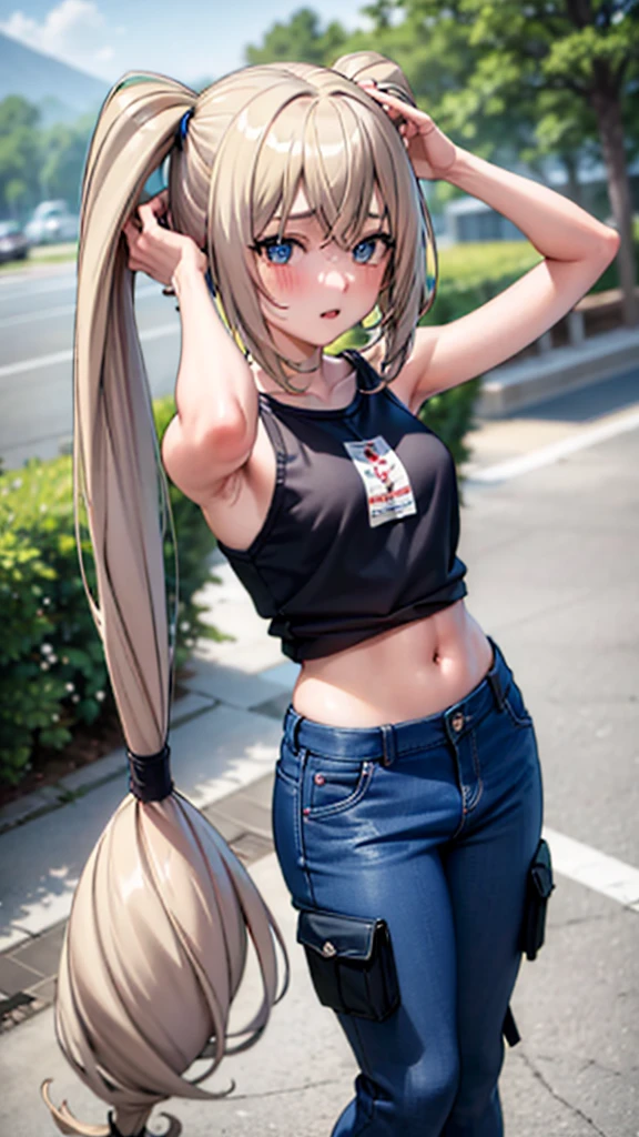 (best quality:1.1), (masterpiece:1.4), (absurdres:1.0),  portrait, close-up,
1girl, ekaterina kurae, twintails, (low-tied_long_hair:1.2), hair ends, very long hair, blonde hair, flat chest, blue eyes, t-shirt, cargo pants, looking at viewer, outdoors, (blush:1.2), mall, (crowd:0.75), armpits, arms up,
