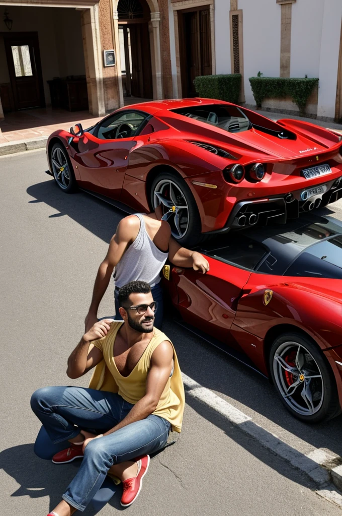 Il y a une Ferrari et il y a une persone qui et assise sur la Ferrari et il porte le nauvaux maillot de la Tunisie et il y a écrit dessus Ilyes qui porte les nouvel dn