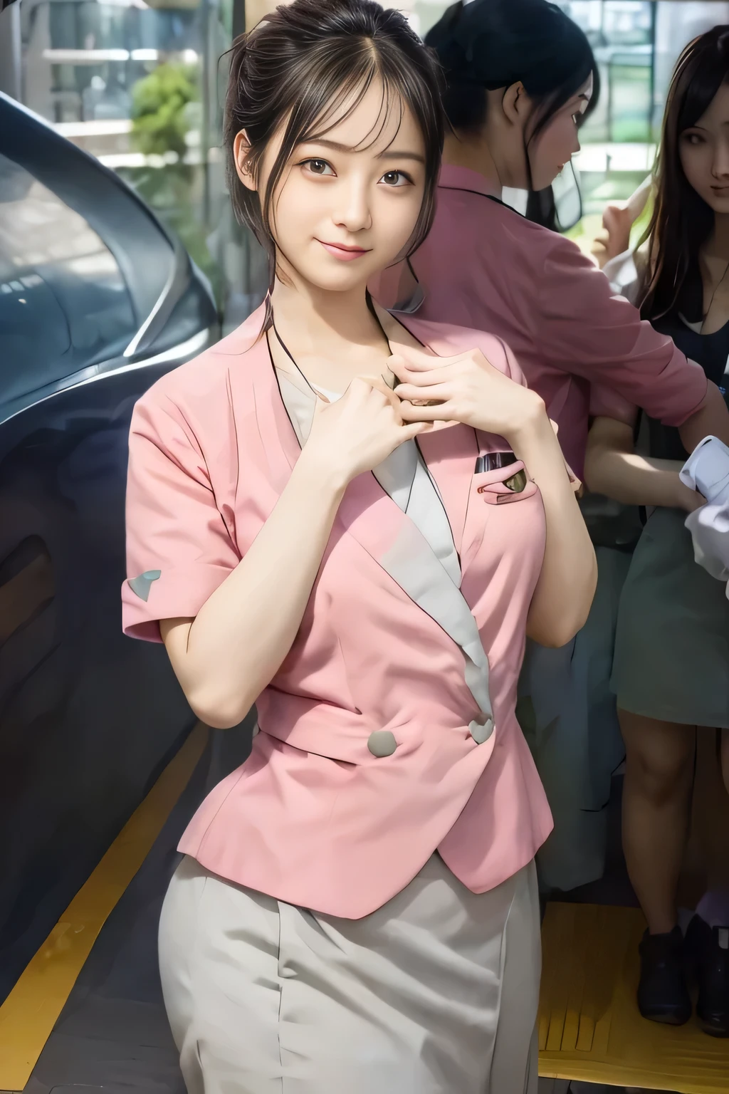 (masterpiece:1.2, Highest quality:1.2), 32k HDR, High resolution, (alone、1 girl)、 (Height: 160cm)、(On the rooftop of a building in the daytime、Professional Lighting)、Building rooftop background、(Nankai train crew uniform pinkを着たリアルスタイル)、(Nankai train crew uniform pink short sleeve collarless pink jacket、Nankai Train Crew Uniform Pink Collarless Short Sleeve Blouse、Nankai Train Crew Uniform Pink Grey Knee-length Culottes)、(The pink jacket is showing from the culottes.)、Dark brown hair、(Hair tied up、Hair tied up、Evening curly hairstyle)、Dark brown hair、Long Shot、Big Breasts、Thin legs、((Great hands:2.0)),((Harmonious body proportions:1.5)),((Normal limbs:2.0)),((Normal finger:2.0)),((Delicate eyes:2.0)),((Normal eyes:2.0)))、smile、(Nankai Train Crew Uniform Pink Grey Knee-length Culottesを見せた美しい歩く姿)、Place your hands around your stomach、Lanyard employee ID card