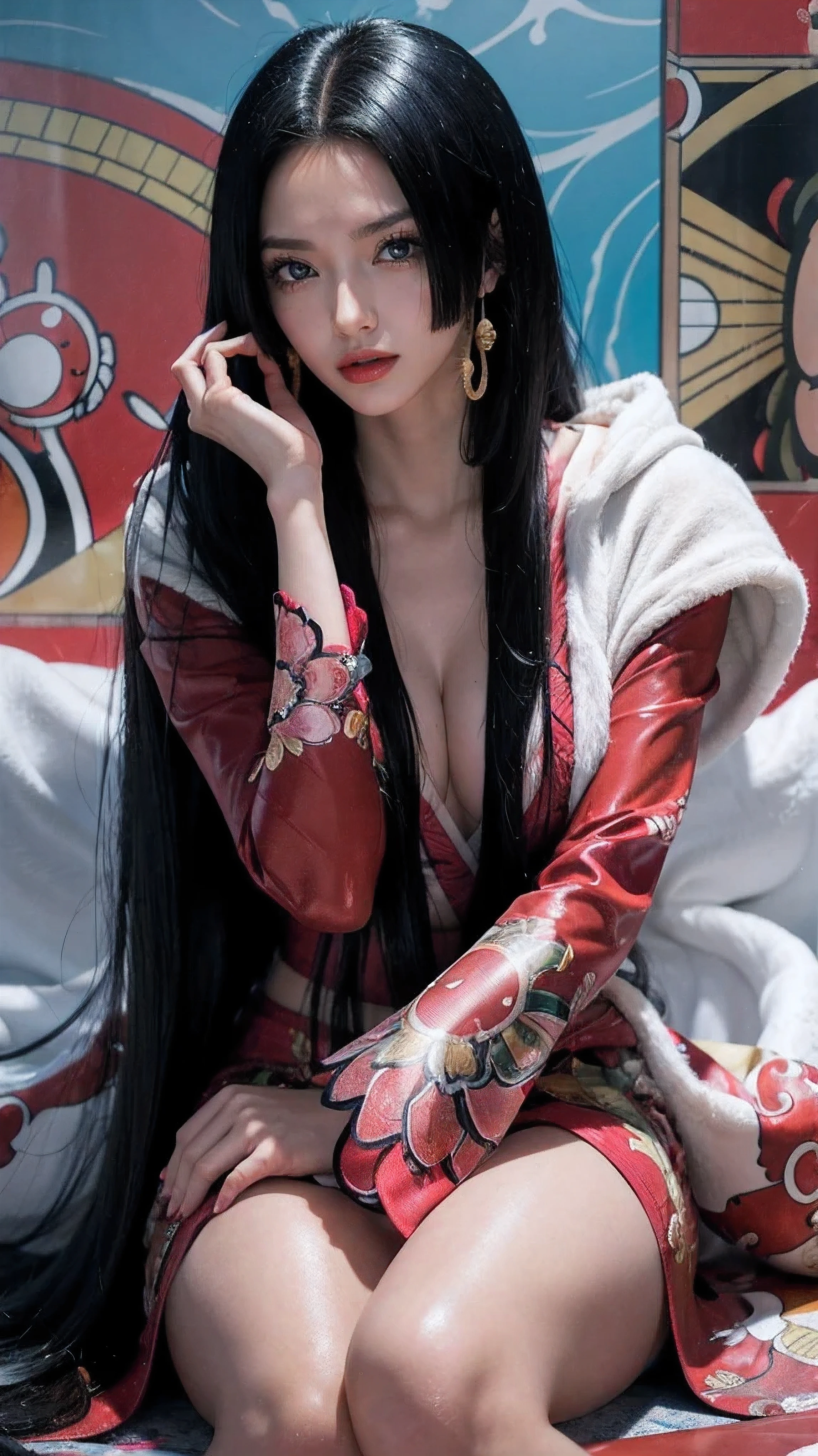 a person with long hair, red kimono, boa hancock, boa hancock from anime one piece, as an anime character, perfect anime face, she has black hair with bangs, female anime character, anime character, anime best girl, hime cut hairstyle, black hair, (red glossy lips:1.3), blue eyes, smile, sea background, (beautiful face:1.3)