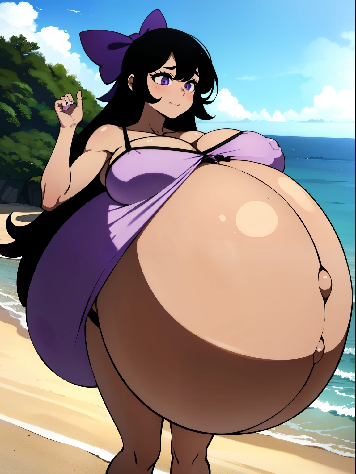 Hair Bow, black hair,Big  Bump pregnant, Purple bikini, Big , nipple, cum, Big Black Balloons,16 yl, Big pregnant Belly, Big Pregnant girl, Largest Belly of Pregnant, Huge Pregnancy, background beach,Huge 9 months Pregnancy Belly, purple eyes