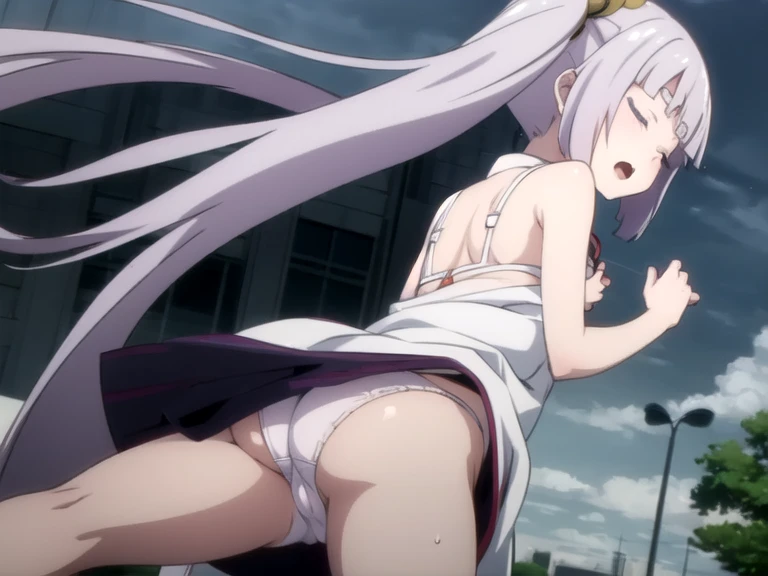 (ultra-highdetail, 8k quality, best quality, extremely detailed illustration,intense shadows, best quality anime illustration, best coloring), (tsukuyo inaba, long hair, hair ornament, twintails, very long hair, purple hair, (closed eyes:1.5), thick eyebrows, solo), ass view, from behind, standing, low angle, very short skirt, white panties, wet panties, cameltoe, sleevless, white bra, nipple, gleaming skin, moist skin, embarrassed, open mouth,five fingers, lift clothes, 