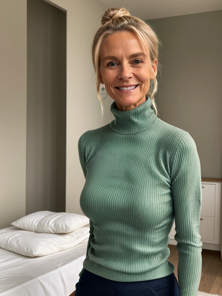 photo of a skinny very old wrinkly-faced faced mature blonde messy long hair thrown into a messy bun ponytail. She wears: (turtleneck soft high ribbed dark green super tight sweater:1.1), submissive seductive pose, high tight ribbed neck, seductive smile, perfect fake tits, horny eager granny, teasing sexy old lady