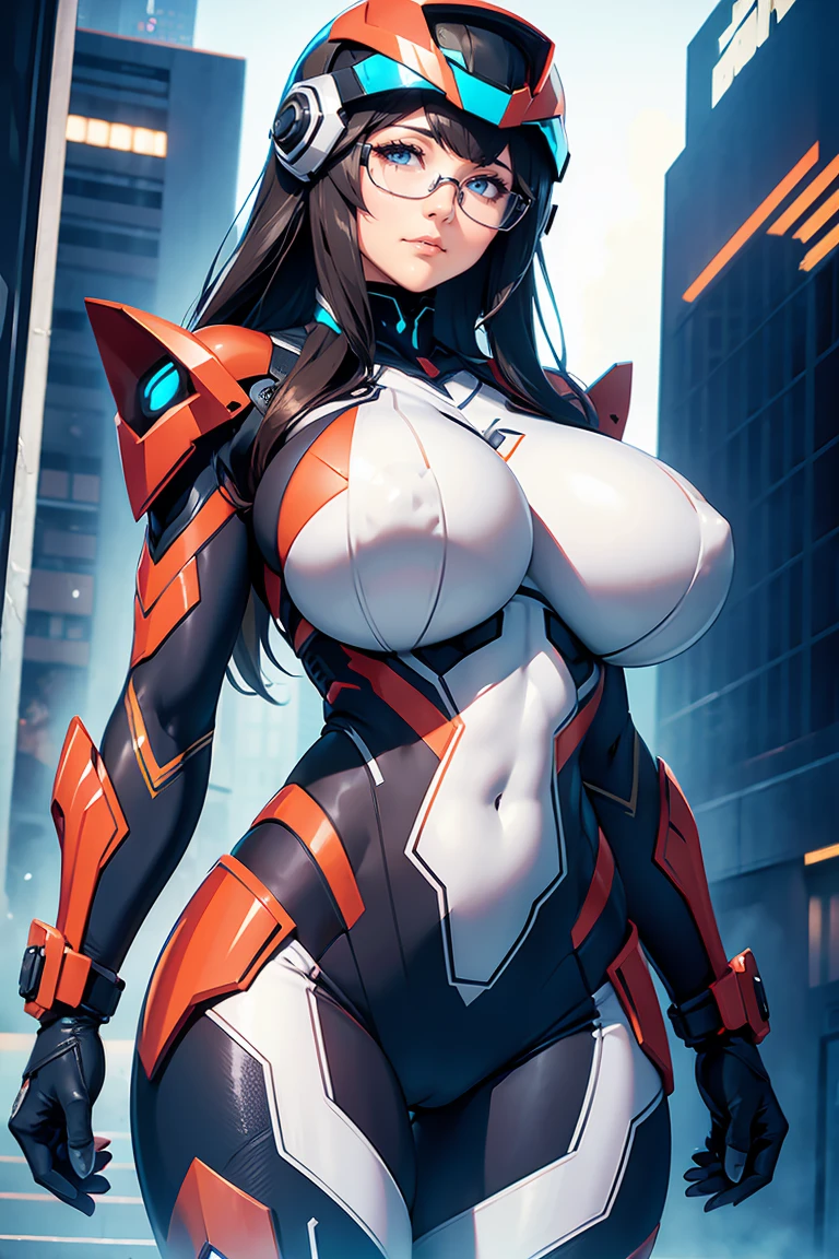 woman in muscular ai suit big tits metriod suit head helmet vison glasses advanced tech