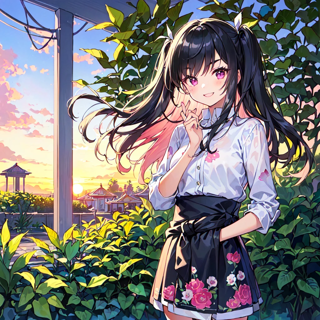 masterpiece, best quality, high quality, extremely detailed, very delicate and beautiful, (1 female 18 years old alone solo:1.2), (long black hair up to waist with two side up:1.4), bangs to eyebrows, eyes (eyes sharp, strong, glossy, glossy eyebrows), (eye color magenta:1.3), 6.5 head height, (houseplant print fashion:1.3), knee socks, (smiling), (standing), (dynamic pose), (botanical garden with lots of houseplants in background:1.5), (sunset:1.2), (upper body:1.3)