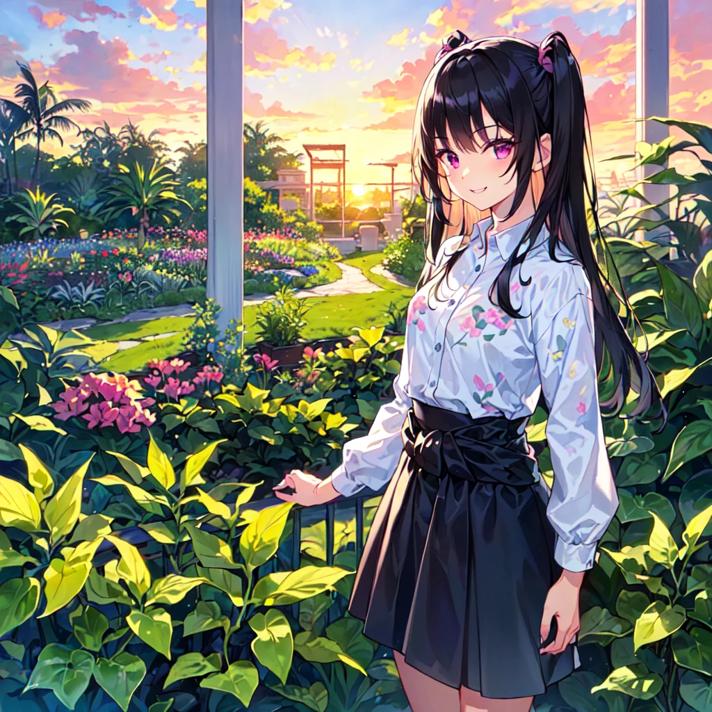 masterpiece, best quality, high quality, extremely detailed, very delicate and beautiful, (1 female 18 years old alone solo:1.2), (long black hair up to waist with two side up:1.4), bangs to eyebrows, eyes (eyes sharp, strong, glossy, glossy eyebrows), (eye color magenta:1.3), 6.5 head height, (houseplant print fashion:1.3), knee socks, (smiling), (standing), (dynamic pose), (botanical garden with lots of houseplants in background:1.5), (sunset:1.2), (upper body:1.3)