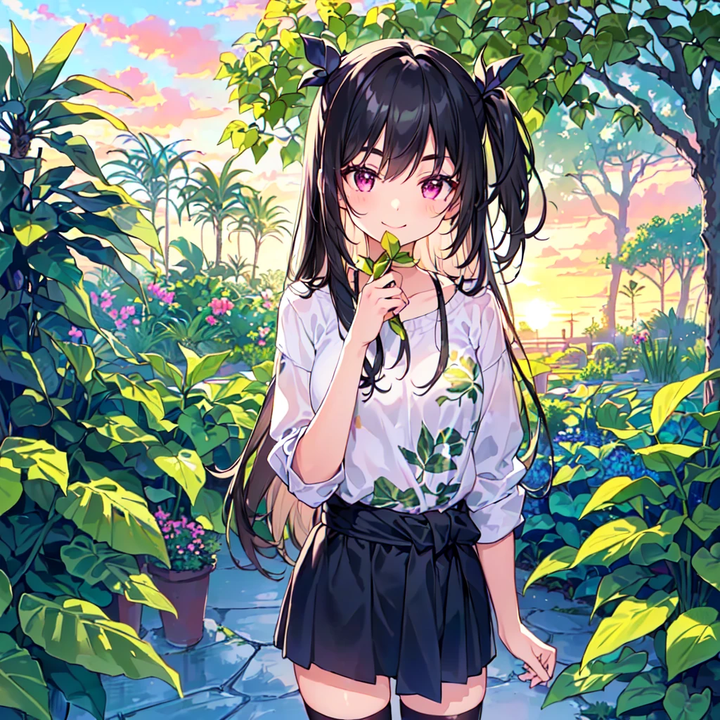 masterpiece, best quality, high quality, extremely detailed, very delicate and beautiful, (1 female 18 years old alone solo:1.2), (long black hair up to waist with two side up:1.4), bangs to eyebrows, eyes (eyes sharp, strong, glossy, glossy eyebrows), (eye color magenta:1.3), 6.5 head height, (houseplant print fashion:1.3), knee socks, (smiling), (standing), (dynamic pose), (botanical garden with lots of houseplants in background:1.5), (sunset:1.2), (upper body:1.3)