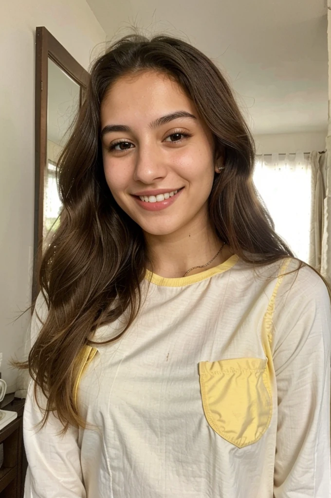 20YO, small nose, one women,attractive, Jordanian, Arab, Bright Yellow shirt, cute smile, cute face, white teethes, skinny face, light brown eyes, black/blonde long hair, modest