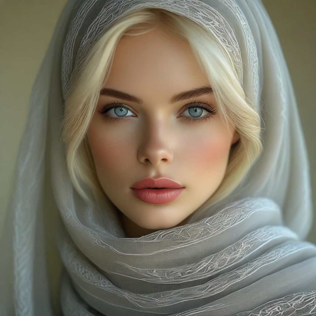 bellissima 1girl, solo, looking at viewer, blonde hair, parted lips, scarf, lips, grey eyes, eyelashes, portrait, veil, realistic