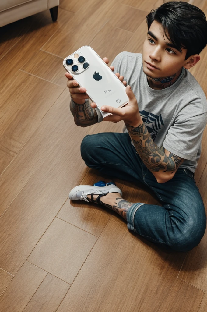 A boy that has tattoos holding an iPhone 15 promax with millions of dollars on the floor
