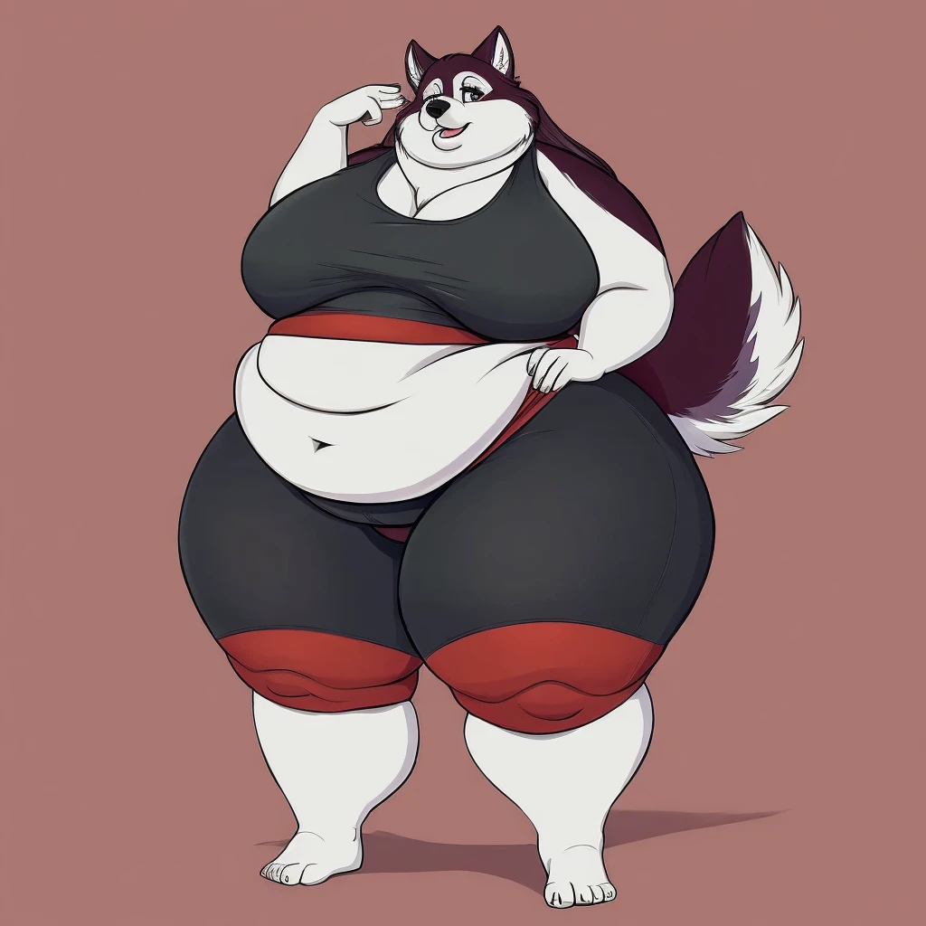 Malamute, female, long hair, gorgeous, beautiful, eyelashes, voluptuous, plump, belly rolls, fat arms, fat legs, ,tank top, shorts ,huge saggy breasts , ,cute,fringe on eye,heavy top, huge hips huge thighs heavy bottom ,sports bra,sports shorts, simple background , morbidly obese, belly rolls, fat rolls, belly rolls,belly overhang 