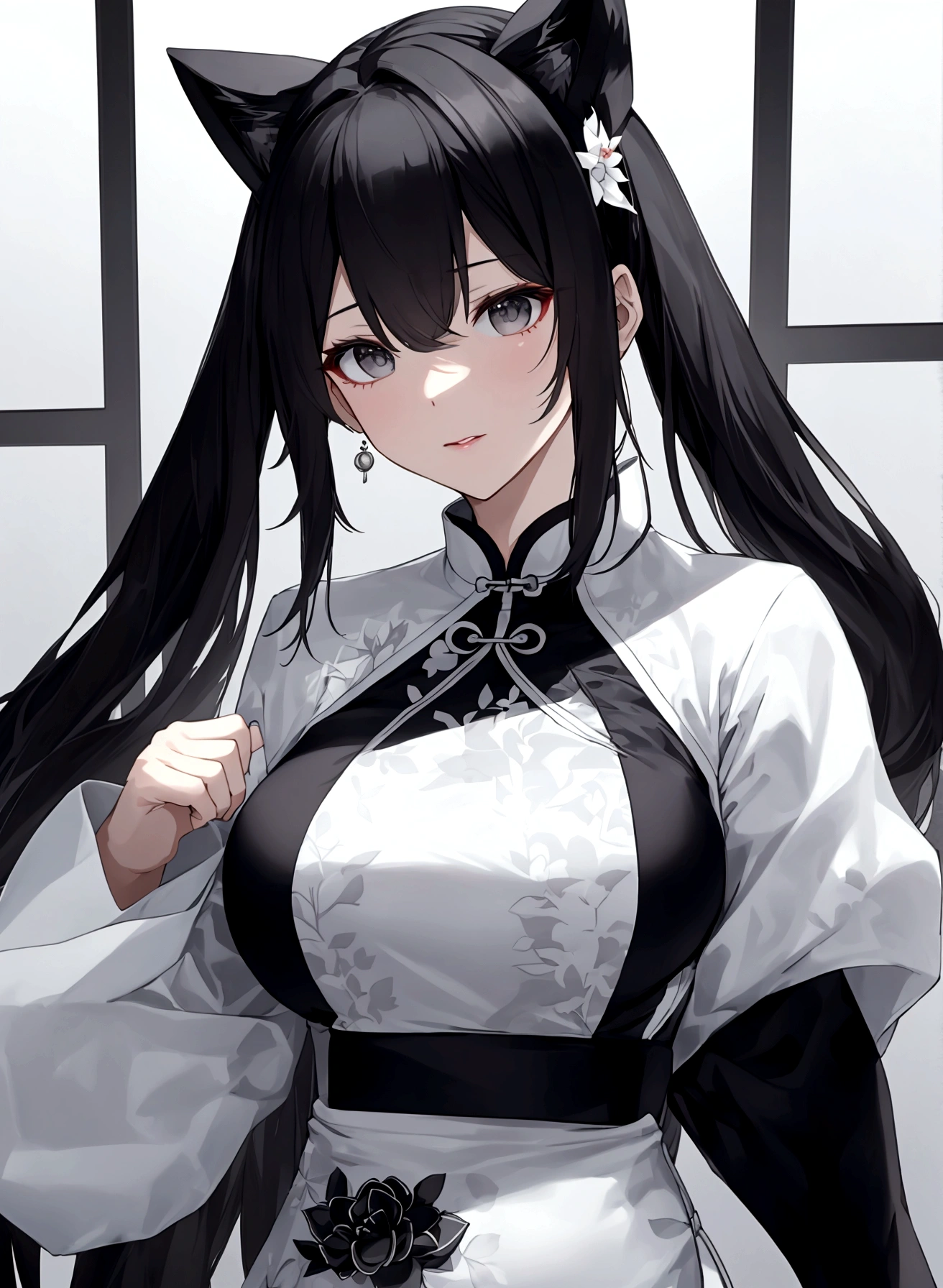 Clear skies,Age 28 years,one,Black and white cheongsam,The chest is quite large,,Elegant and generous,Temperament and slim fit,Slim,whole body,whole body照,