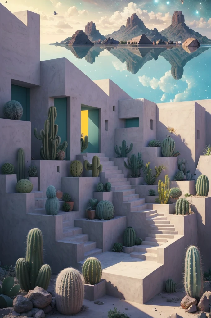 An illustration, collage style, David Hockney visual style, (((Luis Barragán's architectural style houses in middle of a lake))), big boulders, little cascade, mountains, volcanos, volcanic landscape, pool, stairs, beautiful gardens, abundant vegetation, cacti, agave, big clouds, sunset. Magazine cover, serif tipography, editorial design, masterpiece, An illustration in collage style, con rocas gigantes, Brutalist construction sections, escaleras, cactus, agave, textura de concreto, Multiple geometric shapes, hatch and cross hatching, planeta Saturno. ((masterpiece, best quality)),illustration,ultra detailed 8k. (((An illustration of a build designed by Luis Barragán))), with a desertic vegetation garden, (big rocks), ((cacti)), lake, volcano in horizon, smooth clouds, (((illustration collage format))), ((Escher's art style)), (((multiple sections))), (violet, blue, olive green, grey, black and white), hard shadows, (((geometric sculptures))), concrete sculptures, high contrast, dramatic, cinematographic, ((milky way galaxy)), intricate, intricate details, sharp focus,landscape