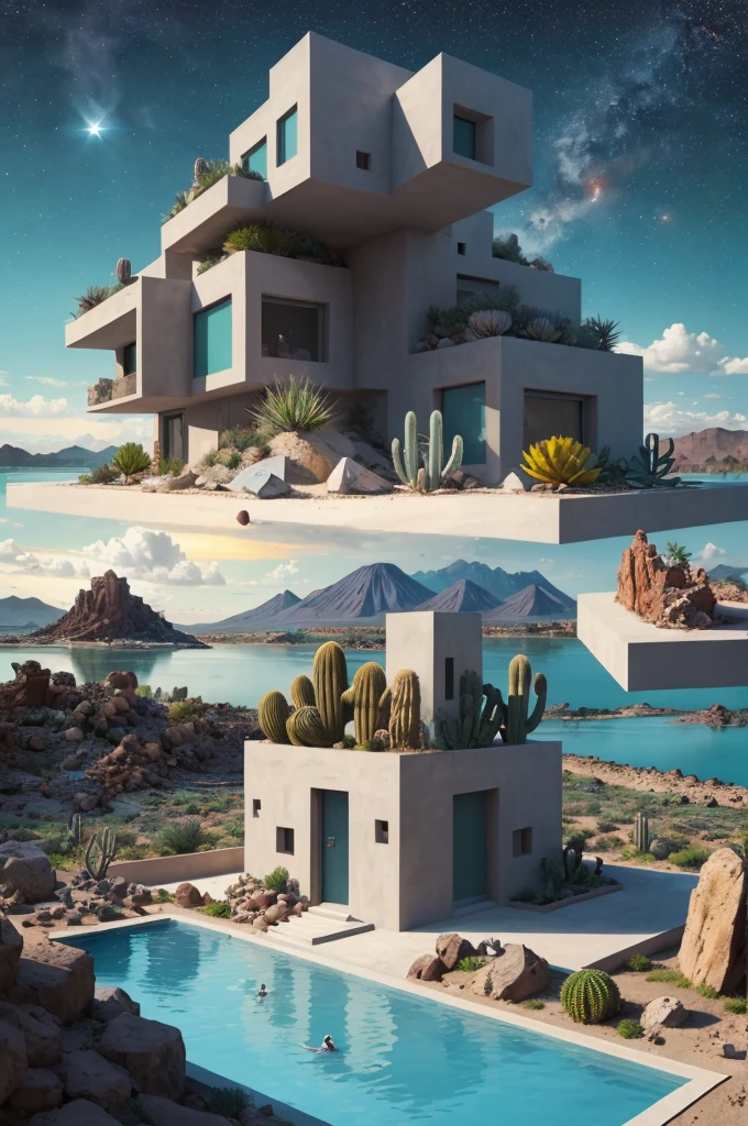 An illustration, collage style, David Hockney visual style, (((Luis Barragán's architectural style houses in middle of a lake))), big boulders, little cascade, mountains, volcanos, volcanic landscape, pool, stairs, beautiful gardens, abundant vegetation, cacti, agave, big clouds, sunset. Magazine cover, serif tipography, editorial design, masterpiece, An illustration in collage style, con rocas gigantes, Brutalist construction sections, escaleras, cactus, agave, textura de concreto, Multiple geometric shapes, hatch and cross hatching, planeta Saturno. ((masterpiece, best quality)),illustration,ultra detailed 8k. (((An illustration of a build designed by Luis Barragán))), with a desertic vegetation garden, (big rocks), ((cacti)), lake, volcano in horizon, smooth clouds, (((illustration collage format))), ((Escher's art style)), (((multiple sections))), (violet, blue, olive green, grey, black and white), hard shadows, (((geometric sculptures))), concrete sculptures, high contrast, dramatic, cinematographic, ((milky way galaxy)), intricate, intricate details, sharp focus,landscape