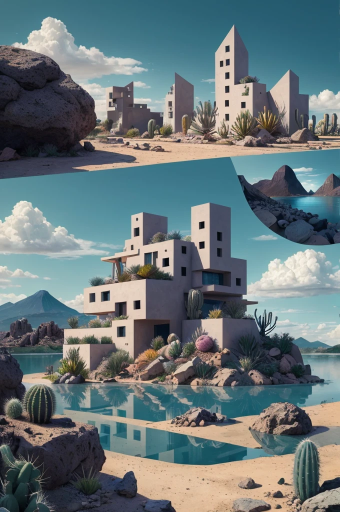An illustration, collage style, David Hockney visual style, (((Luis Barragán's architectural style houses in middle of a lake))), big boulders, little cascade, mountains, volcanos, volcanic landscape, pool, stairs, beautiful gardens, abundant vegetation, cacti, agave, big clouds, sunset. Magazine cover, serif tipography, editorial design, masterpiece, An illustration in collage style, con rocas gigantes, Brutalist construction sections, escaleras, cactus, agave, textura de concreto, Multiple geometric shapes, hatch and cross hatching, planeta Saturno. ((masterpiece, best quality)),illustration,ultra detailed 8k. (((An illustration of a build designed by Luis Barragán))), with a desertic vegetation garden, (big rocks), ((cacti)), lake, volcano in horizon, smooth clouds, (((illustration collage format))), ((Escher's art style)), (((multiple sections))), (violet, blue, olive green, grey, black and white), hard shadows, (((geometric sculptures))), concrete sculptures, high contrast, dramatic, cinematographic, ((milky way galaxy)), intricate, intricate details, sharp focus,landscape