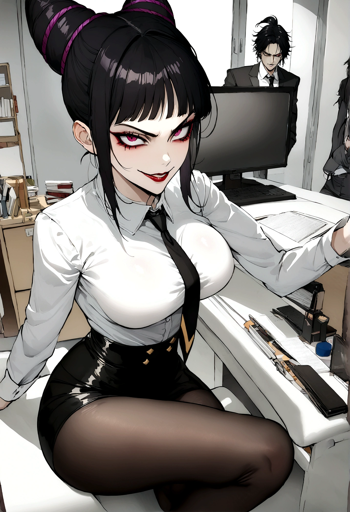 juri han, work of art, tight white secretary shirt with black tie, black high waist skirt, short skirt,stocking, black hair, black tights,evil smile,office,franja nos olhos,iluminação,chifre de cabelos,visão de cima,olhando para cima