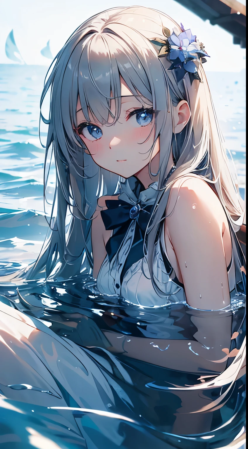 (Highly detailed CG、Unity、8k wallpaper)、(Very delicate and beautiful)、(masterpiece)、(Highest quality:1.0)、(超High resolution:1.0)、Beautiful lighting、Perfect Lightning、Realistic Shadows、[High resolution]、Detailed skin、Ultra-detailed、Detailed face and eyes、Realistic eyes、Sharp pupils、Floats on water、take a nap in the water、take a nap in the water、bluish bangs、drifting、A girl in a white dress floating in the deep sea、Life at sea、Shining a light、Underwater Scene、Abysmal、water flowing