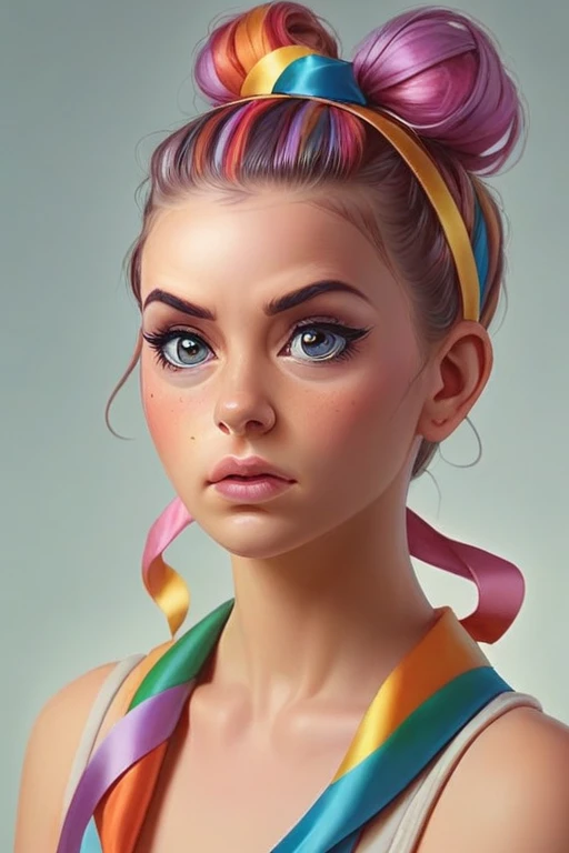 Hyperrealistic portrait of a beautiful and proud woman with her hair tied up in several ribbons and multicolored hair wearing a romper from Irakli Nadar. 