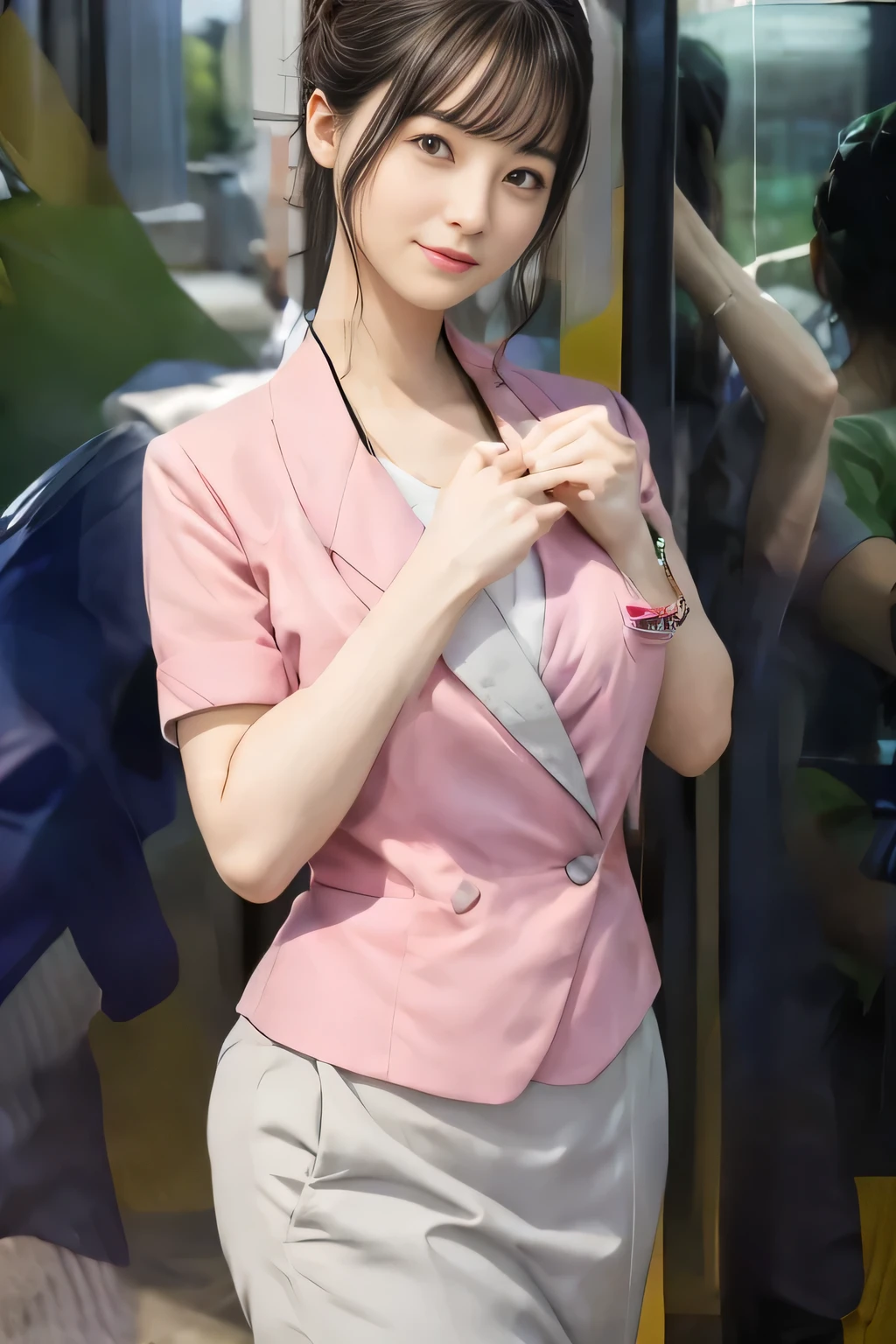 (masterpiece:1.2, Highest quality:1.2), 32k HDR, High resolution, (alone、1 girl)、 (Height: 160cm)、(On the rooftop of a building in the daytime、Professional Lighting)、Building rooftop background、(Nankai train crew uniform pinkを着たリアルスタイル)、(Nankai train crew uniform pink short sleeve collarless pink jacket、Nankai Train Crew Uniform Pink Collarless Short Sleeve Blouse、Nankai Train Crew Uniform Pink Grey Knee-length Culottes)、(The pink jacket is showing from the culottes.)、Dark brown hair、(Hair tied up、Hair tied up、Evening curly hairstyle)、Dark brown hair、Long Shot、Big Breasts、Thin legs、((Great hands:2.0)),((Harmonious body proportions:1.5)),((Normal limbs:2.0)),((Normal finger:2.0)),((Delicate eyes:2.0)),((Normal eyes:2.0)))、smile、(Nankai Train Crew Uniform Pink Grey Knee-length Culottesを見せた美しい歩く姿)、Place your hands around your stomach、Lanyard employee ID card