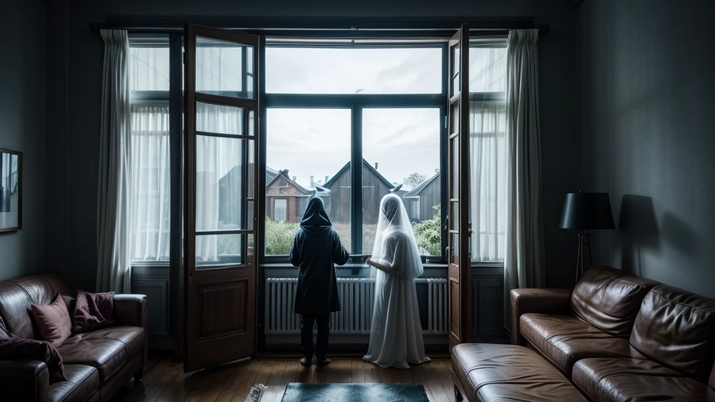 inside a dark house in the living room and a person with a sheet on their head outside the window in cartoon style