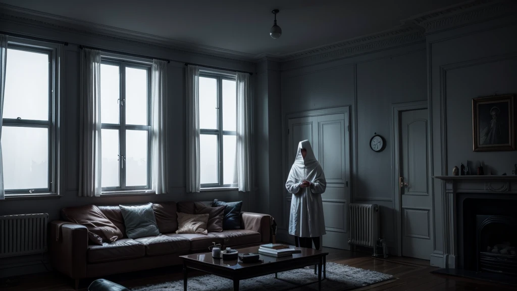 inside a dark house in the living room and a person with a sheet on their head outside the window in cartoon style