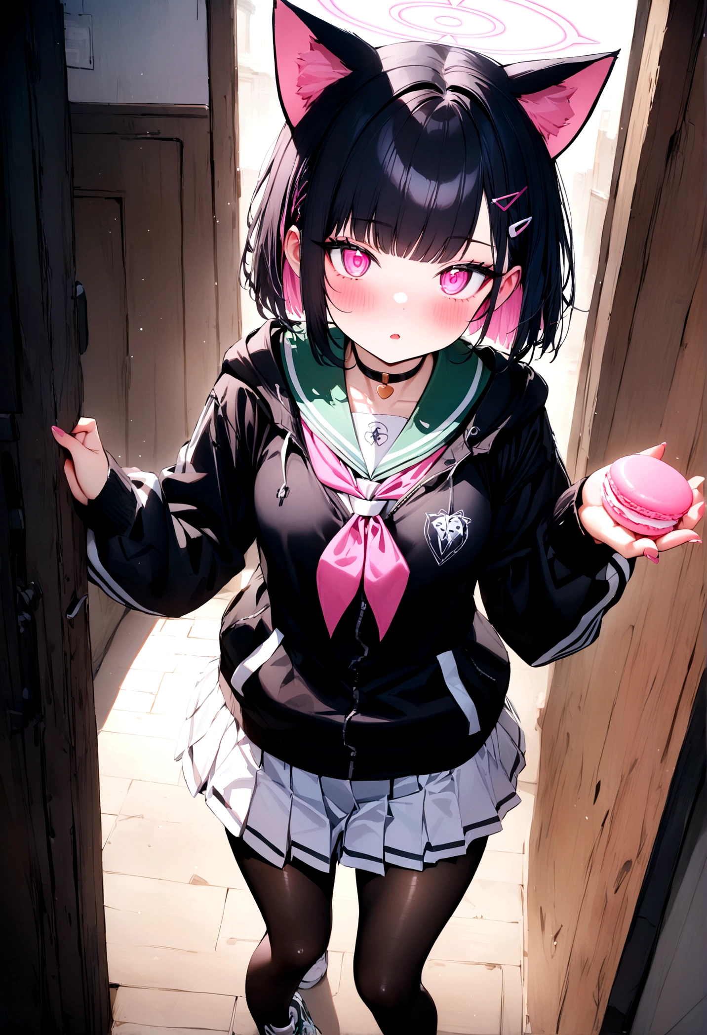 masterpiece, best quality, ultra-detailed, beautiful, colorful, kawaii, 1girl,kazusa (blue archive), fficial art, holding a pink macaron, lollipop, food, candy, striped background, looking at viewer, short hair, bob cut, black hair, colored inner hair, animal ears, cat ears, halo,blush,(shiny eyes), (detailed eyes),pink eyes, black choker, black jacket, black pantyhose, green sailor collar,hoodie jacket,white skirt, miniskirt, hair clip,pink neckerchief, , sneakers,white background, ,kazusa, 1girl, short hair, animal ears, colored inner hair, halo, more prism, vibrant color,