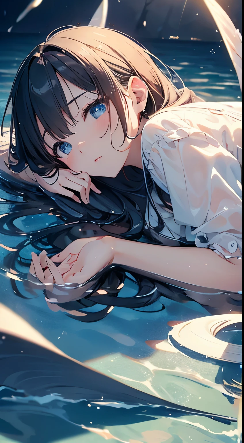 (Highly detailed CG、Unity、8k wallpaper)、(Very delicate and beautiful)、(masterpiece)、(Highest quality:1.0)、(超High resolution:1.0)、Beautiful lighting、Perfect Lightning、Realistic Shadows、[High resolution]、Detailed skin、Ultra-detailed、Detailed face and eyes、Realistic eyes、Sharp pupils、Floats on water、take a nap in the water、take a nap in the water、bluish bangs、drifting、A girl in a white dress floating in the deep sea、Life at sea、Shining a light、Underwater Scene、Abysmal、water flowing