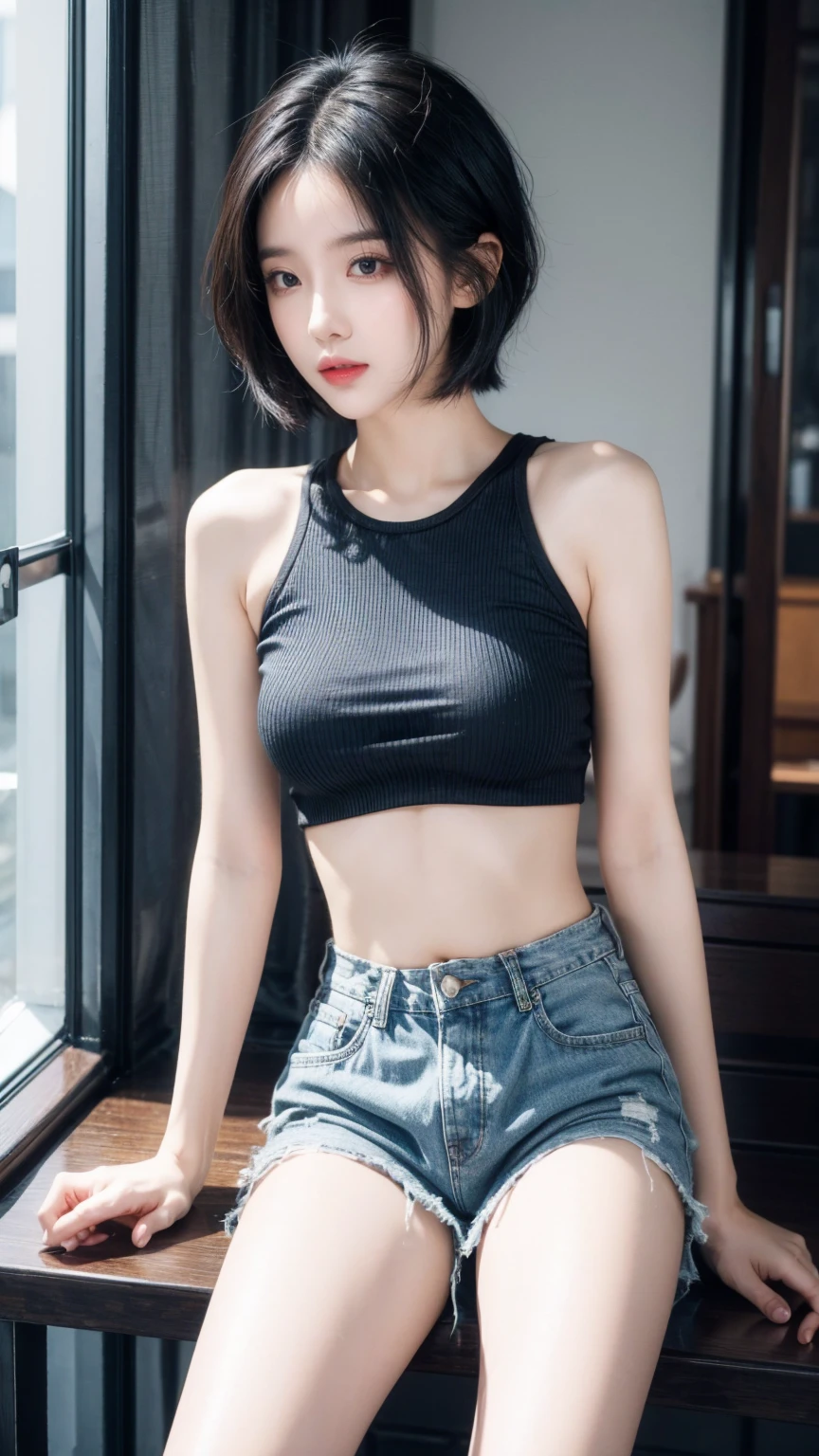 best quality, 1 Girl, dark blue hair, black eyes, Very short hair, Spiky hair, Alafi sat down in his chair and drank a cup of coffee。, with ripped crop t - shirt, wearing sexy cropped top, xintong chen, Casual clothes, Instagram model, xision wu, wearing a crop top, wearing casual cloths, leaked image, casual clothing style, wearing a cropped top, dilraba dilmurat, wenfei ye, Casual clothing, Messy hair, Hair between the eyes, Medium breasts, full, Tomboy, aldult, 20 years old, A sweet girl by the beach