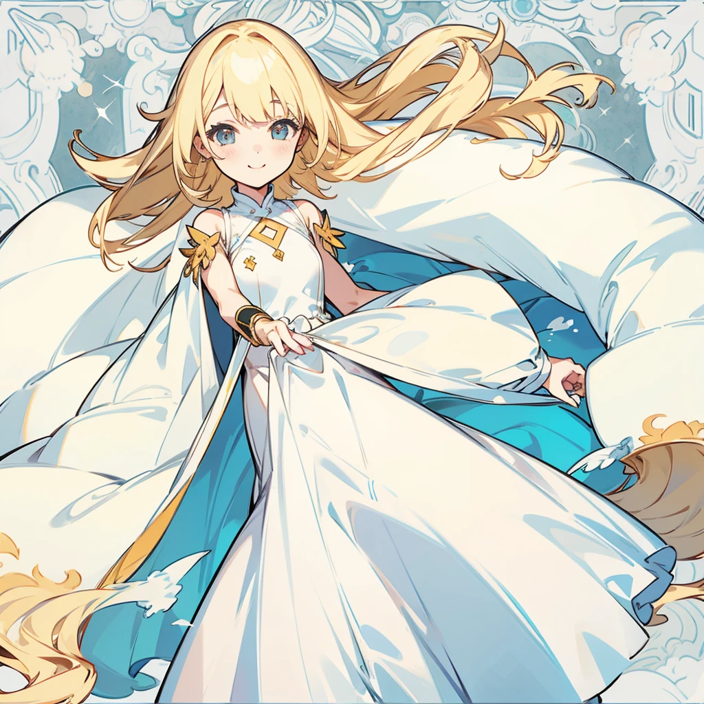 Girl、Long blonde、Bangs、Drooping eyes、smile、White dress、Fine skin、background none、front